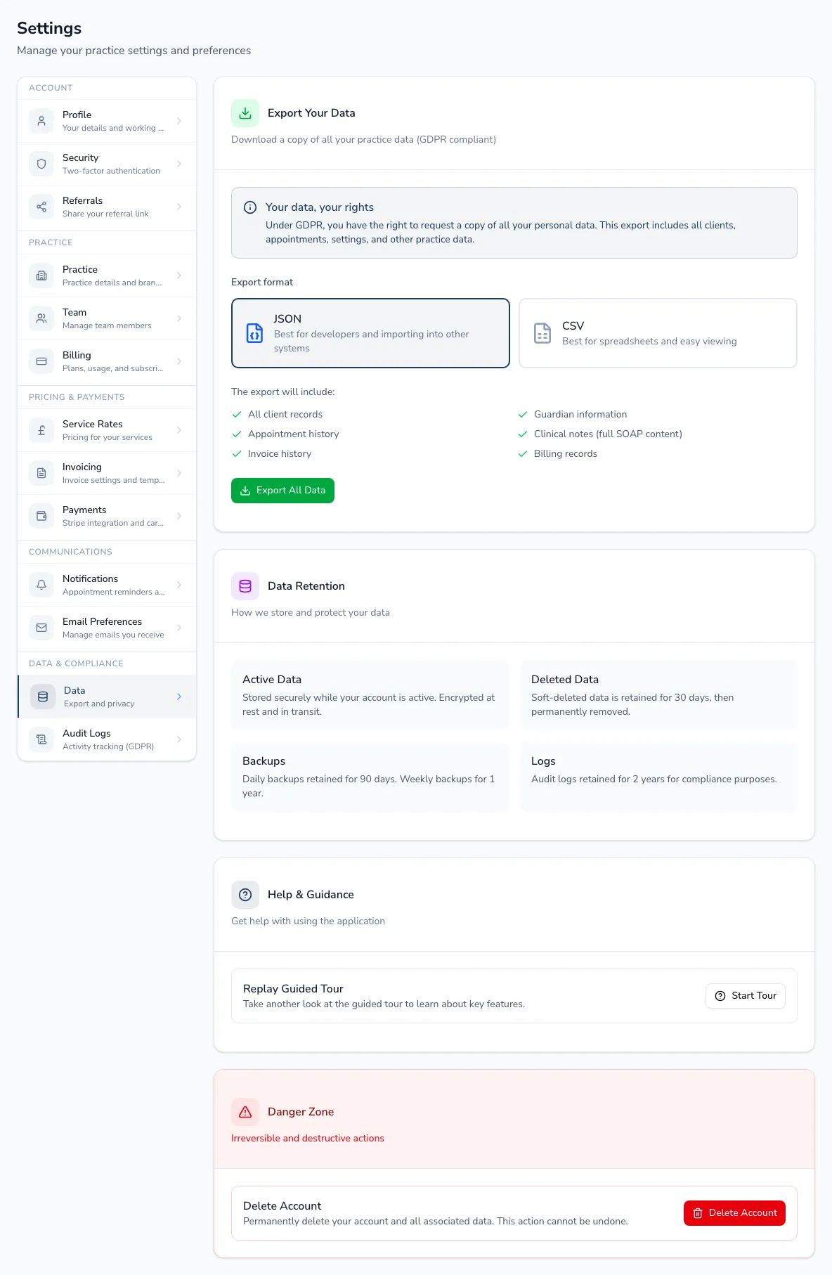 The data and privacy settings page with GDPR export, retention information and account deletion