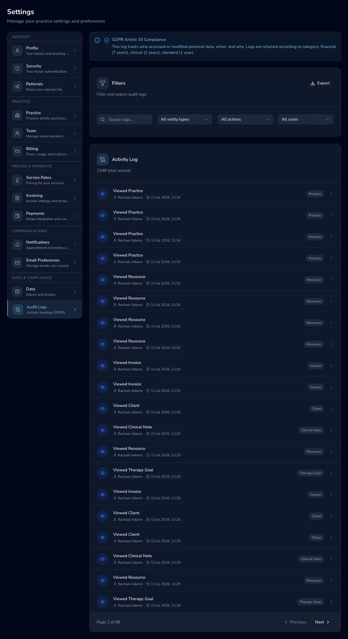 The audit log page showing the GDPR compliance banner, filters and a list of recorded actions