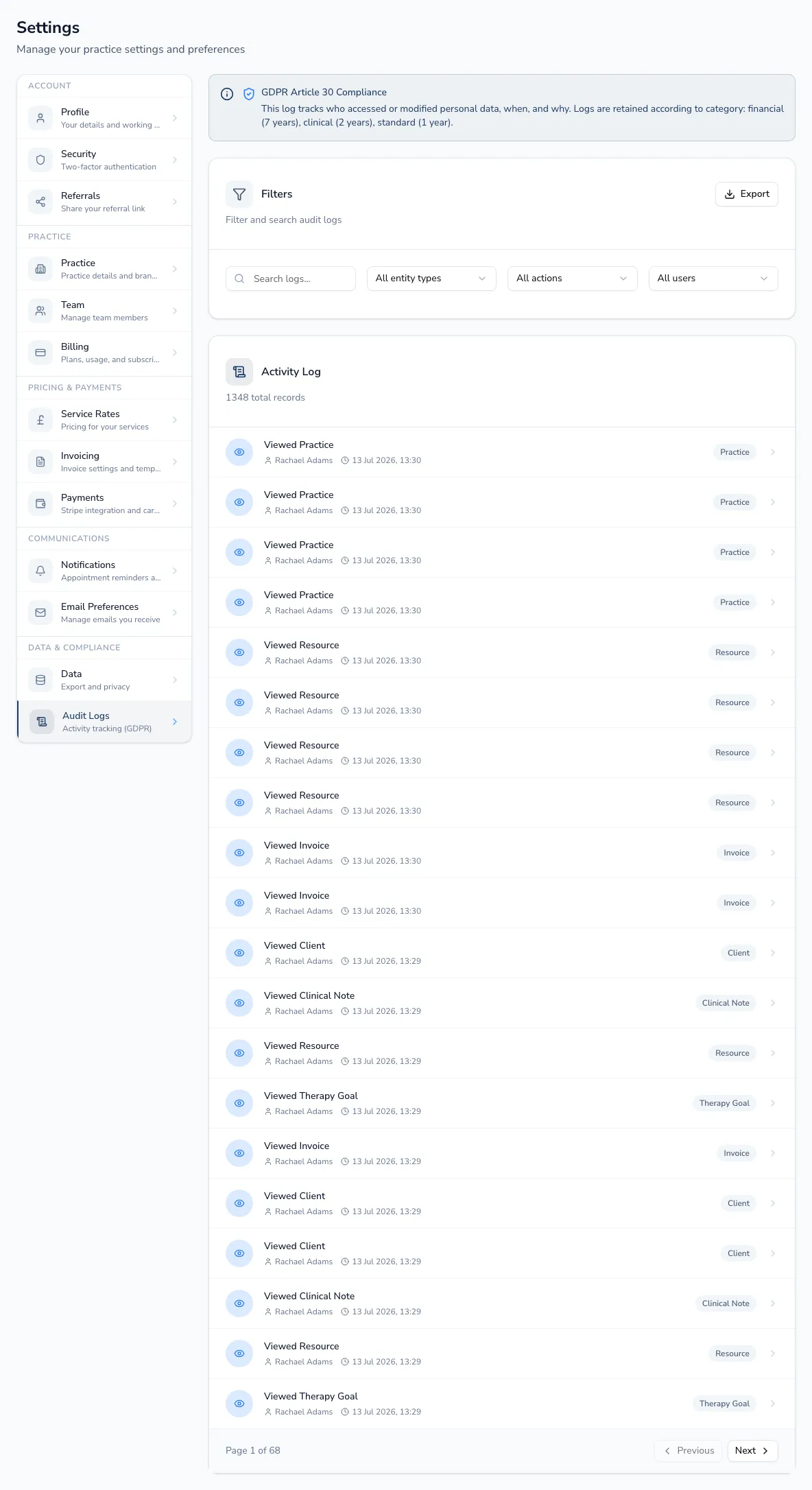 The audit log page showing the GDPR compliance banner, filters and a list of recorded actions