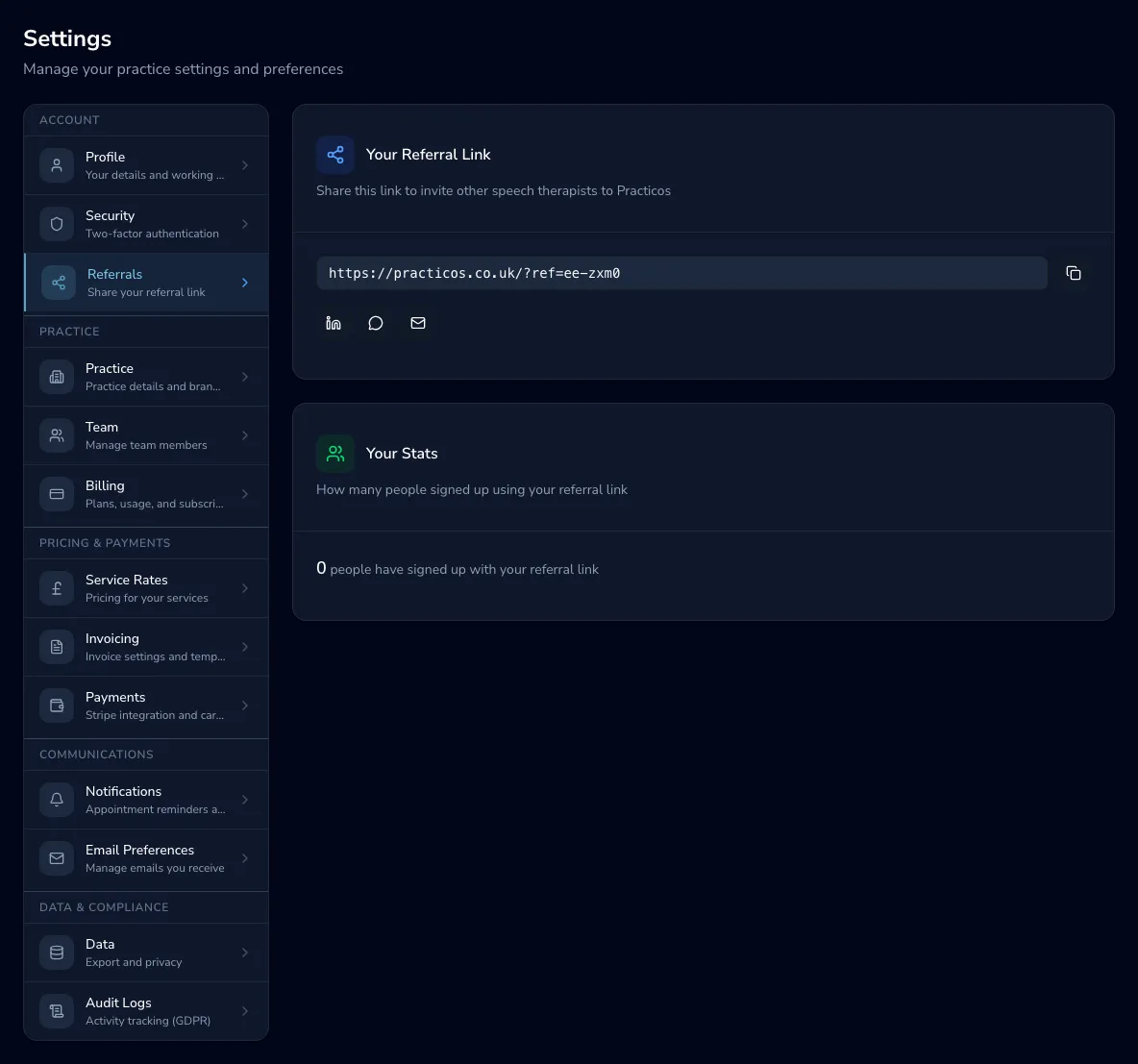 The referrals settings page with your referral link, share buttons and sign-up stats