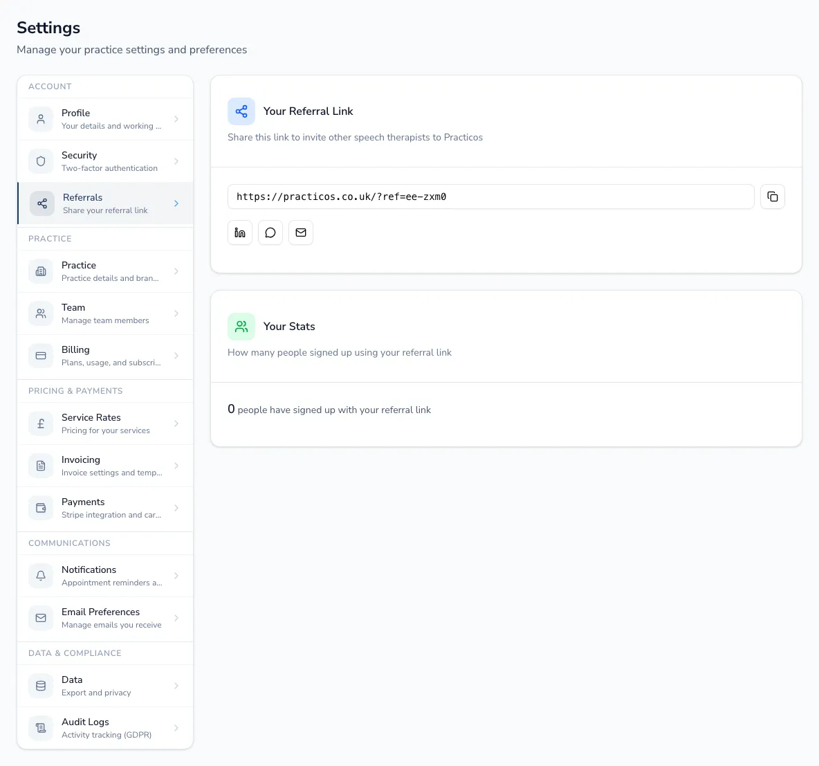 The referrals settings page with your referral link, share buttons and sign-up stats