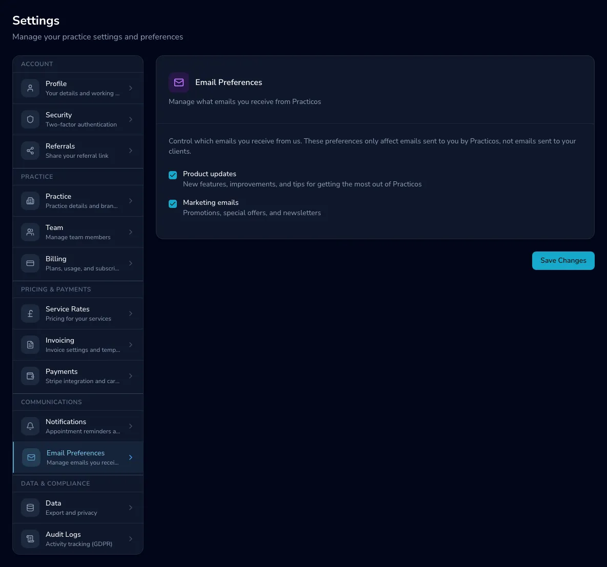 The email preferences page with checkboxes for product updates and marketing emails