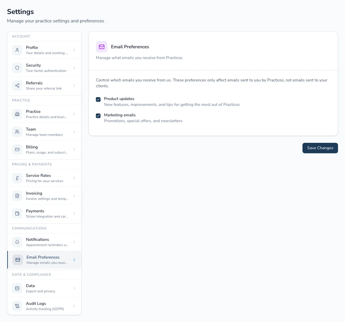 The email preferences page with checkboxes for product updates and marketing emails