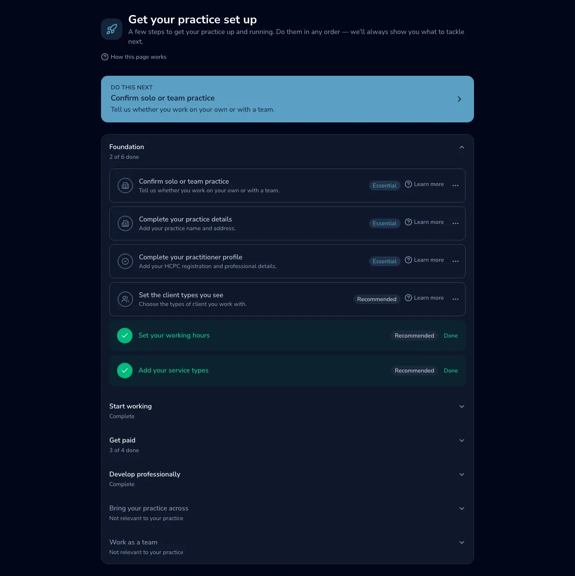 The Getting started page: a 'Get your practice set up' header, a highlighted 'Do this next' card, and setup steps organised into groups (Foundation, Start working, Get paid, Develop professionally) with Essential/Recommended tags, per-group progress like '2 of 6 done', and completed steps ticked off