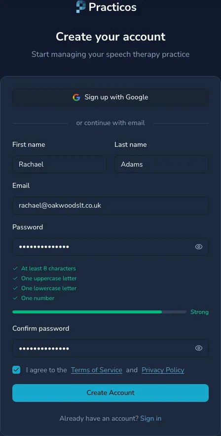 The Practicos sign-up form with first and last name, email and password fields; the password requirements below the password field are all ticked green with a 'Strong' strength indicator