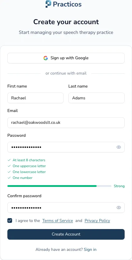 The Practicos sign-up form with first and last name, email and password fields; the password requirements below the password field are all ticked green with a 'Strong' strength indicator