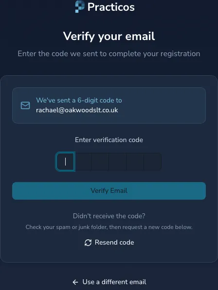 The email verification screen showing a six-box code field, a Verify email button, a reminder to check your spam or junk folder, and options to resend the code or use a different email