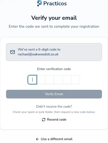 The email verification screen showing a six-box code field, a Verify email button, a reminder to check your spam or junk folder, and options to resend the code or use a different email